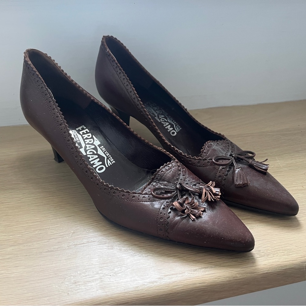 Salvatore Ferragamo Dark Brown Tassel Kitten Heels